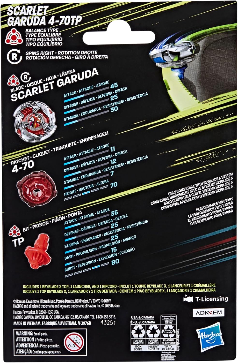 Beyblade X Scarlet Garuda 4-70TP toy packaging, featuring the assembled spinning top, individual red components and detailed stats