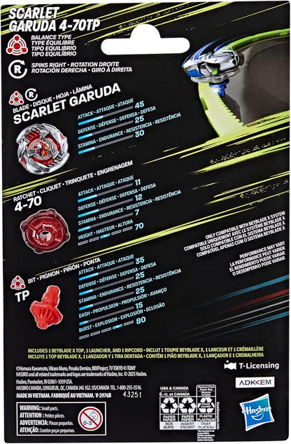 Beyblade X Scarlet Garuda 4-70TP toy packaging, featuring the assembled spinning top, individual red components and detailed stats