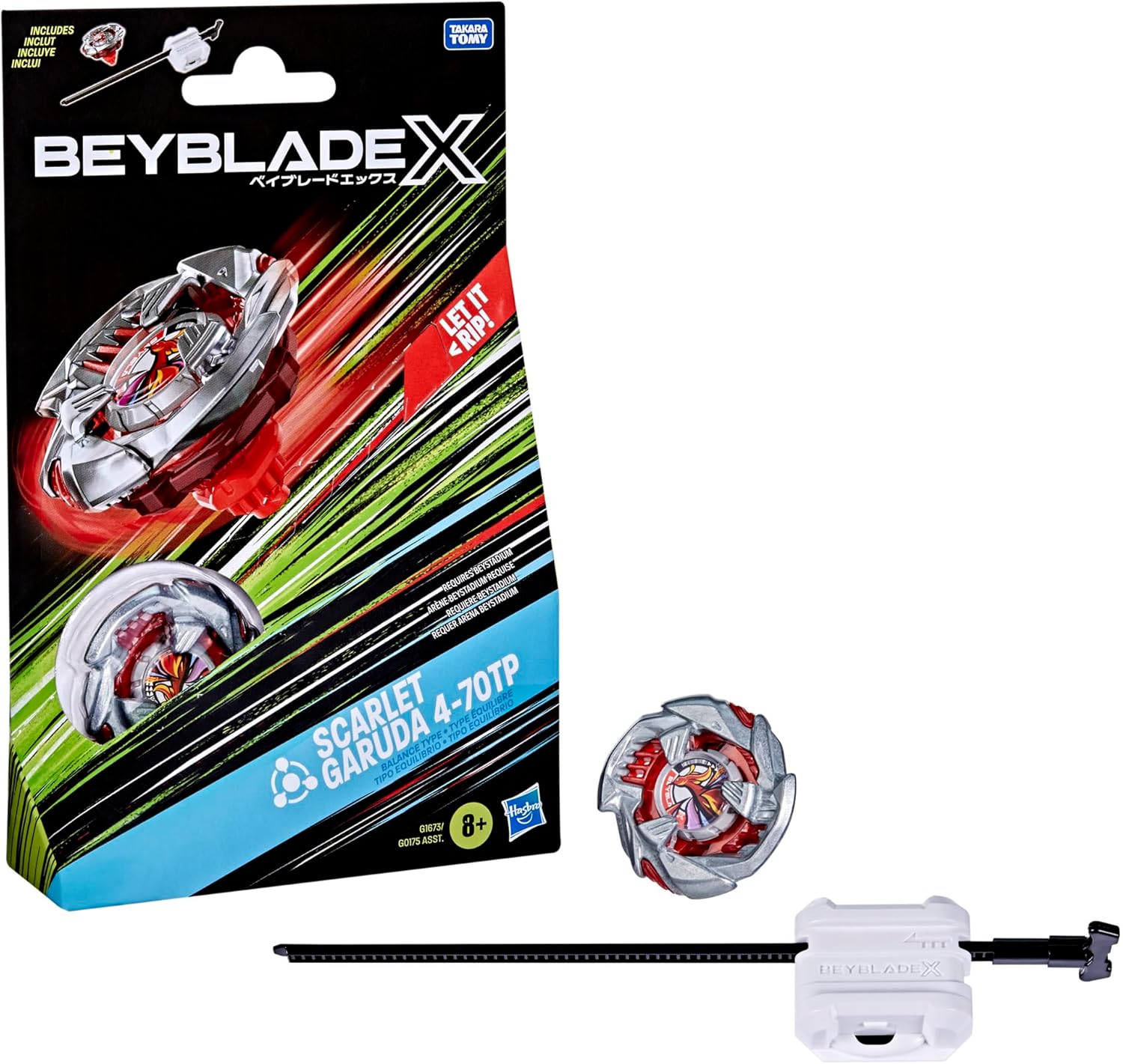 Beyblade X Scarlet Garuda toy set: a red and silver Beyblade top, white launcher and its product packaging