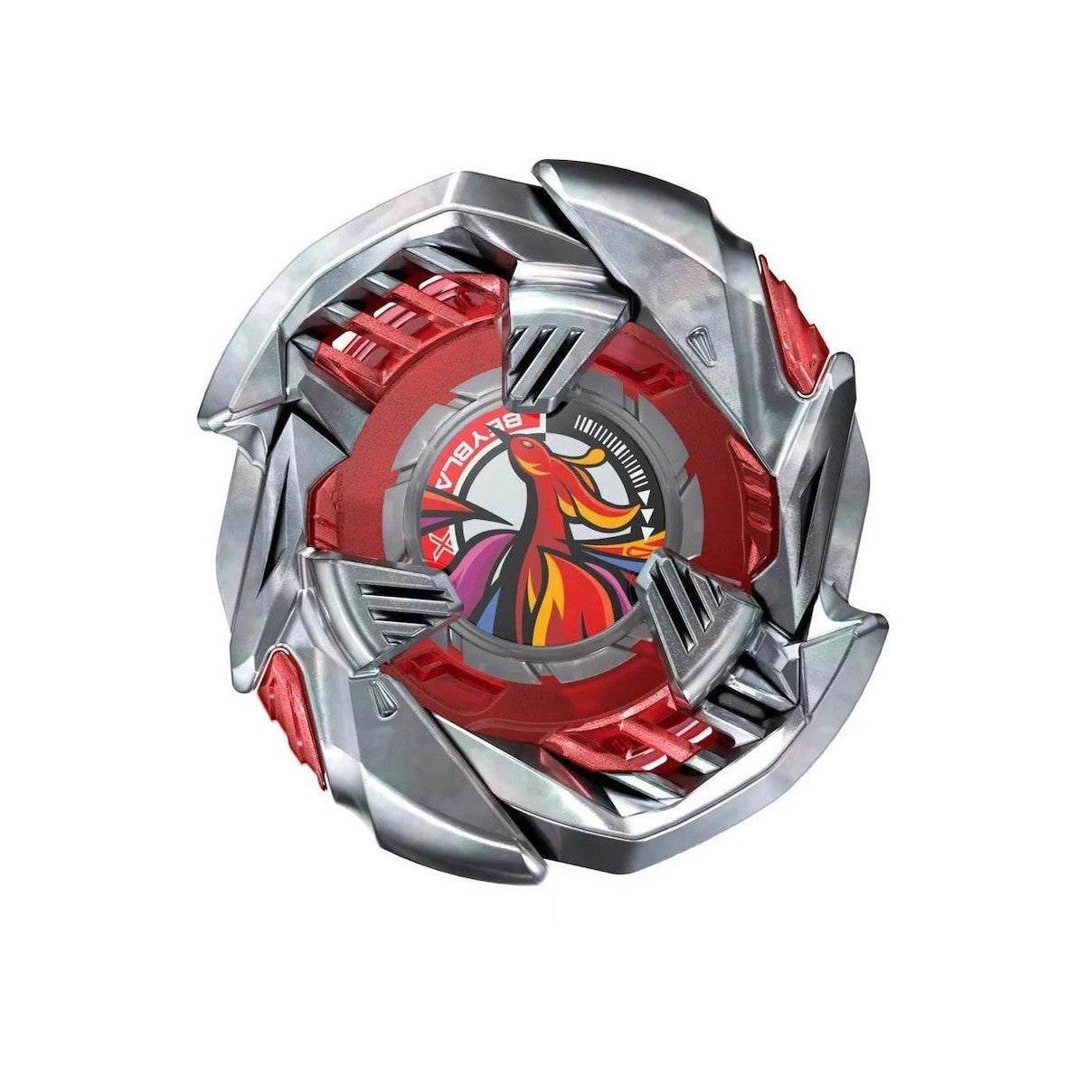 A silver and red Beyblade battle top featuring a colorful phoenix emblem on its central core