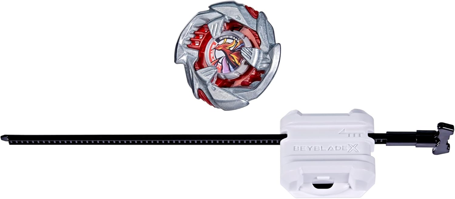 Beyblade X spinning top (silver/red, phoenix design) and white ripcord launcher