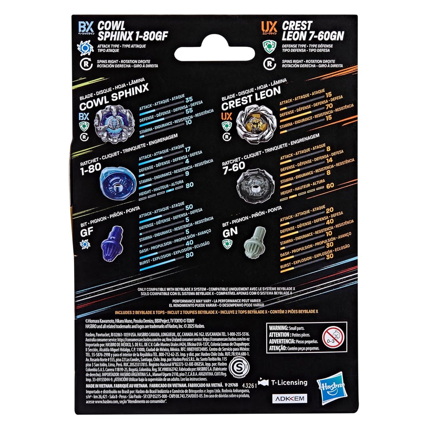 Product packaging for Beyblade X tops: Cowl Sphinx and Crest Leon, displaying component details and stats