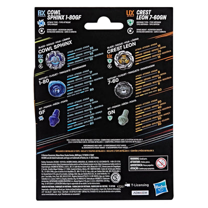Product packaging for Beyblade X tops: Cowl Sphinx and Crest Leon, displaying component details and stats