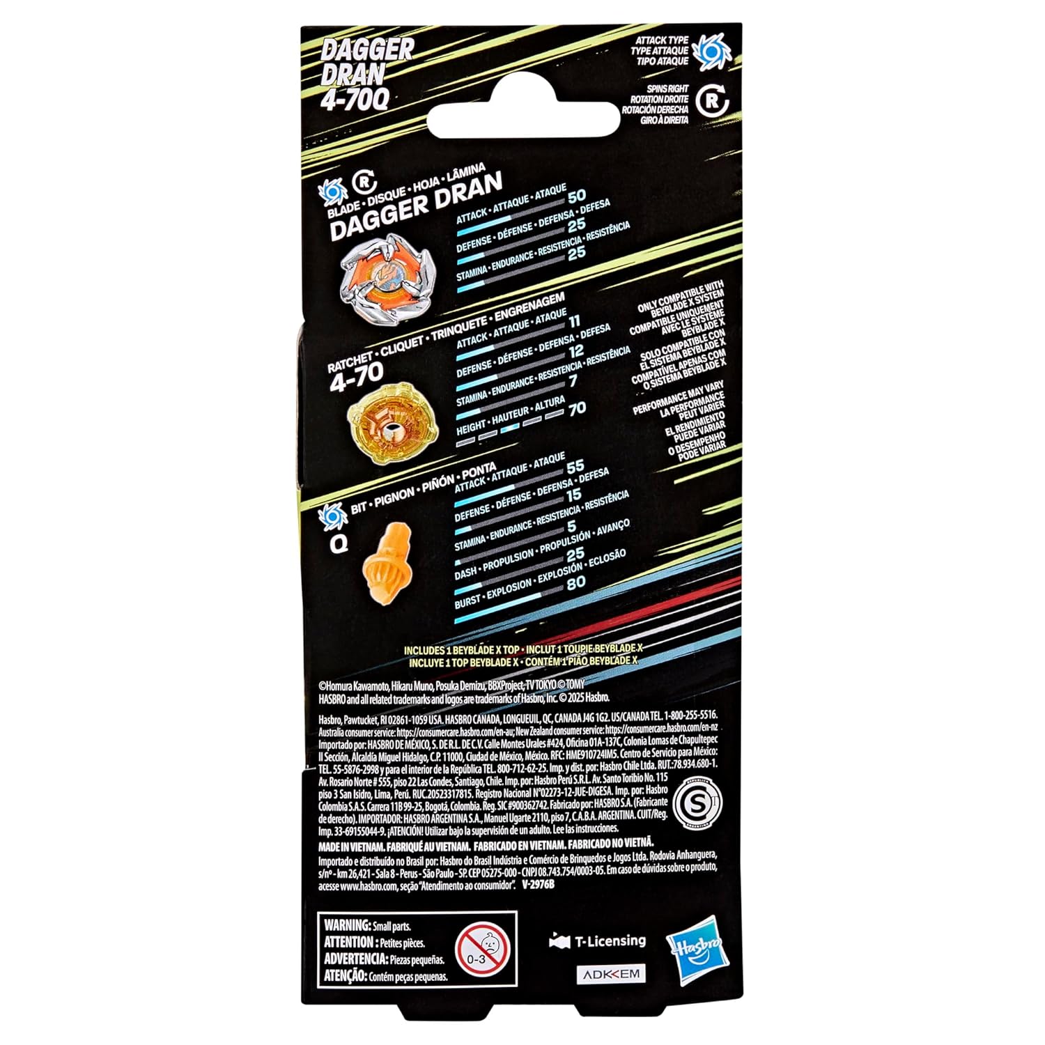 Back of a "Dagger Dran 4-70Q" Beyblade X package, showing toy parts, stats and product info