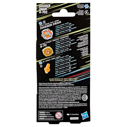 Back of a "Dagger Dran 4-70Q" Beyblade X package, showing toy parts, stats and product info