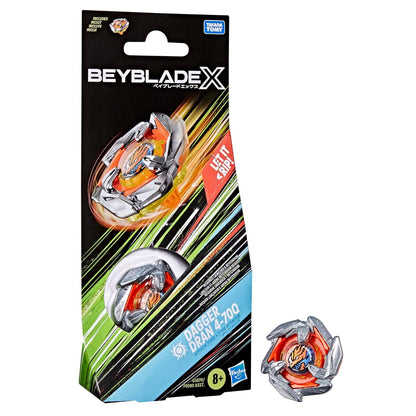 Beyblade X Dagger Dran 4-70Q spinning top, silver and orange, in package with 'LET IT <RIP!' text. Toy also shown separately