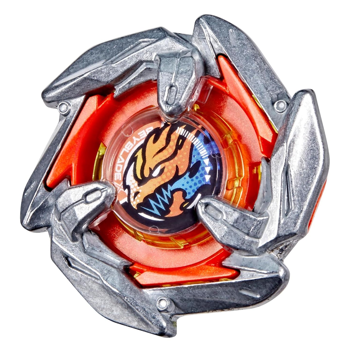 Silver and red Beyblade toy with a clear center featuring an orange and blue dragon head graphic