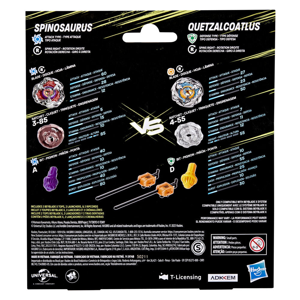 Beyblade package: Spinosaurus and Quetzalcoatlus tops detailed with components, stats and accessories