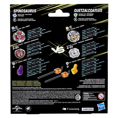 Beyblade package: Spinosaurus and Quetzalcoatlus tops detailed with components, stats and accessories