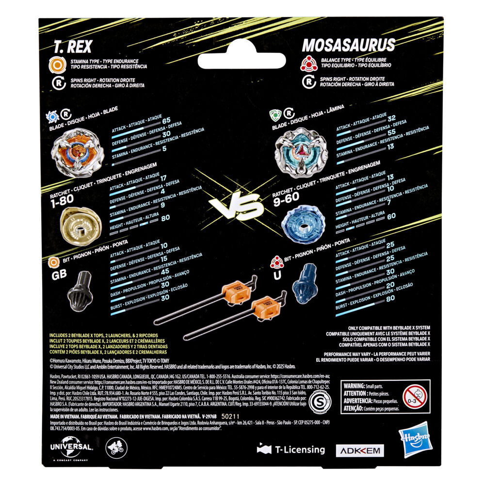 Beyblade X package: T. Rex vs Mosasaurus spinning tops, stats and launchers