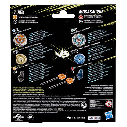 Beyblade X package: T. Rex vs Mosasaurus spinning tops, stats and launchers