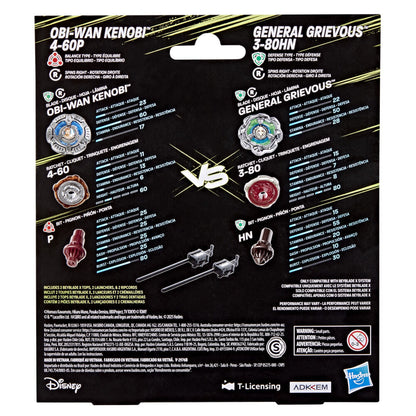 Beyblade toy package back: Obi-Wan Kenobi VS General Grievous Beyblades, detailed parts, stats and launchers