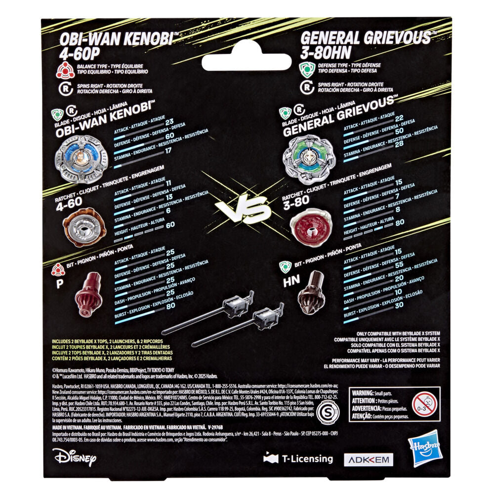 Beyblade toy package back: Obi-Wan Kenobi VS General Grievous Beyblades, detailed parts, stats and launchers