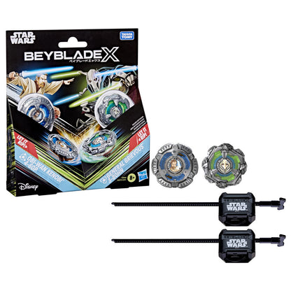Star Wars Beyblade X battle set: Obi-Wan Kenobi and General Grievous spinning tops, two launchers and packaging