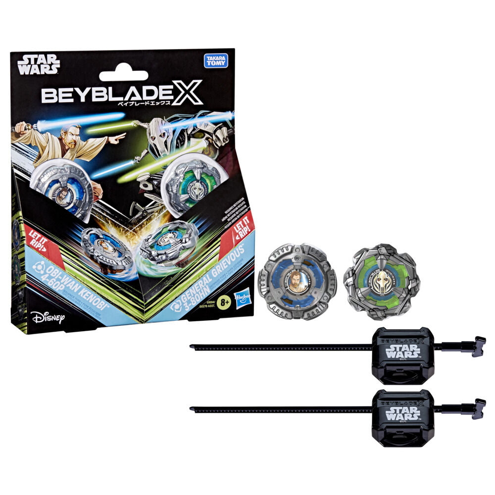 Star Wars Beyblade X battle set: Obi-Wan Kenobi and General Grievous spinning tops, two launchers and packaging