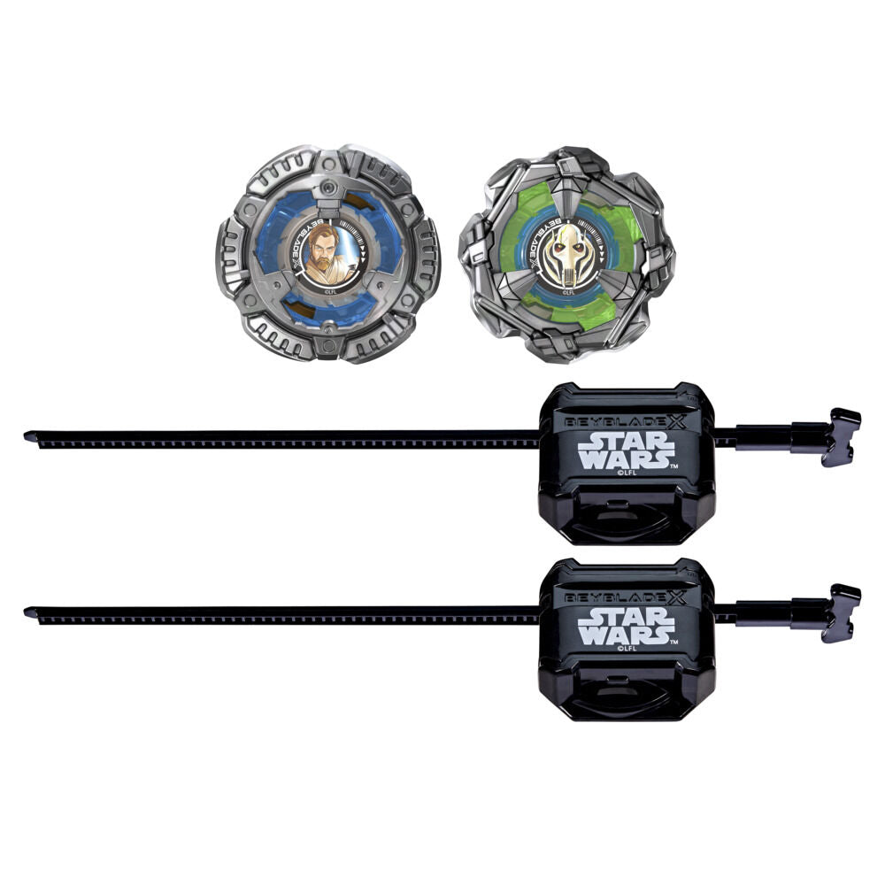 Star Wars Beyblade spinning tops: blue Obi-Wan and green Grievous, with two black Beyblade launchers