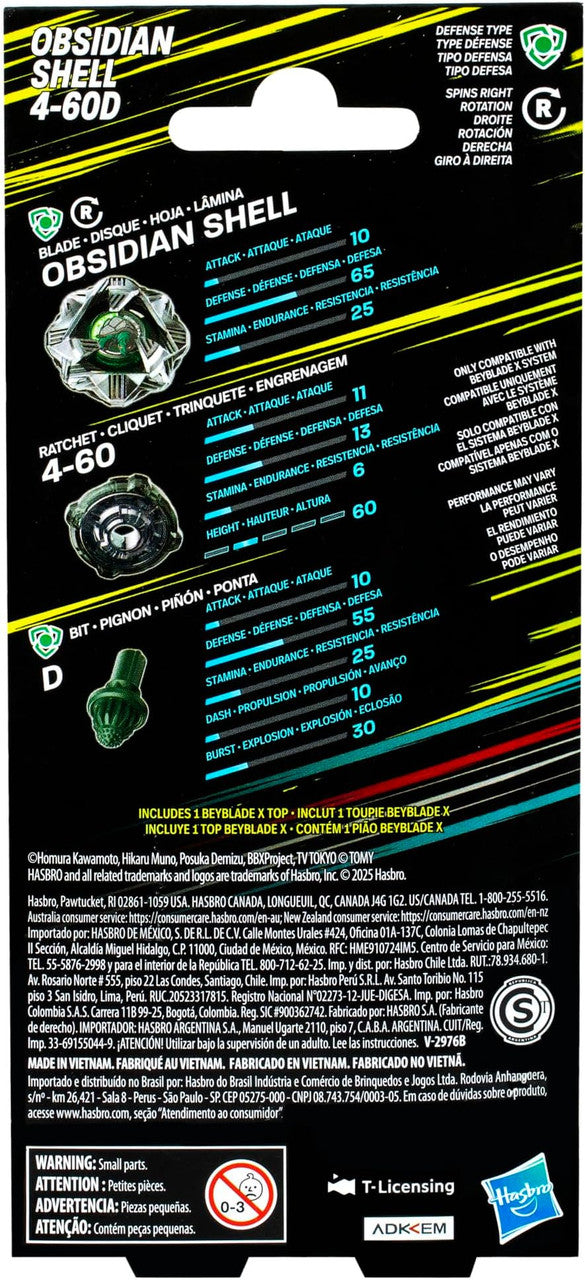 Back of Beyblade X Obsidian Shell 4-60D package with detailed component images, stats and multilingual warnings