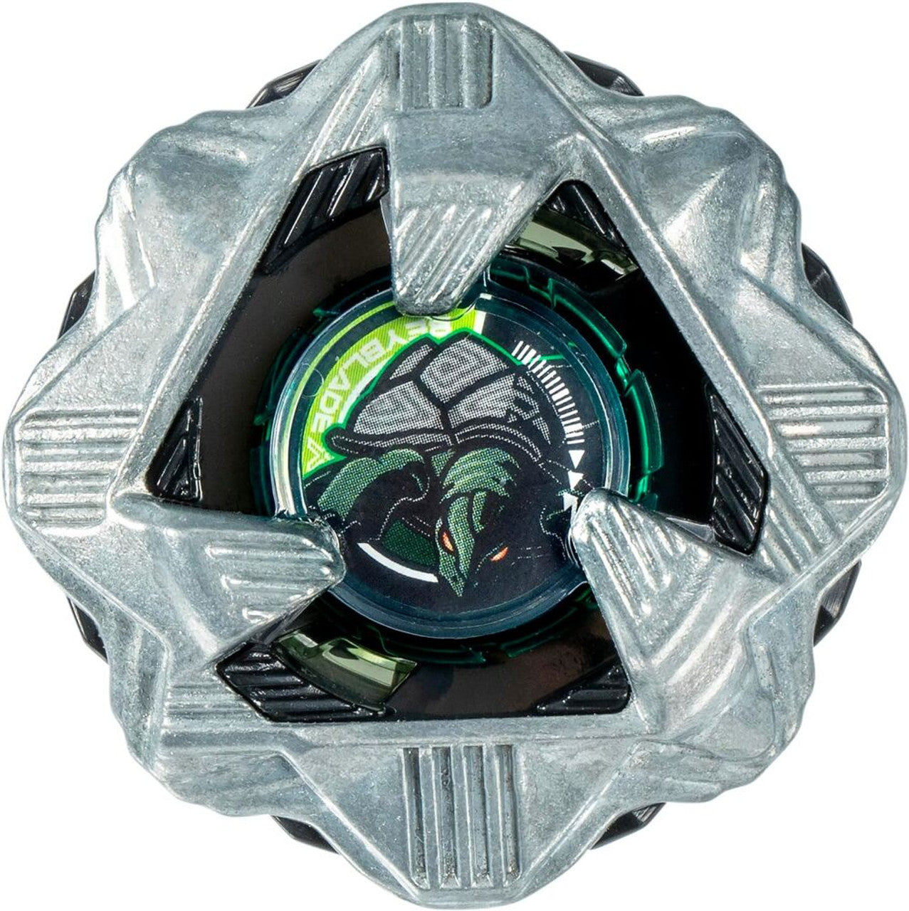 A silver and black Beyblade with a green and black aggressive turtle head emblem at its center