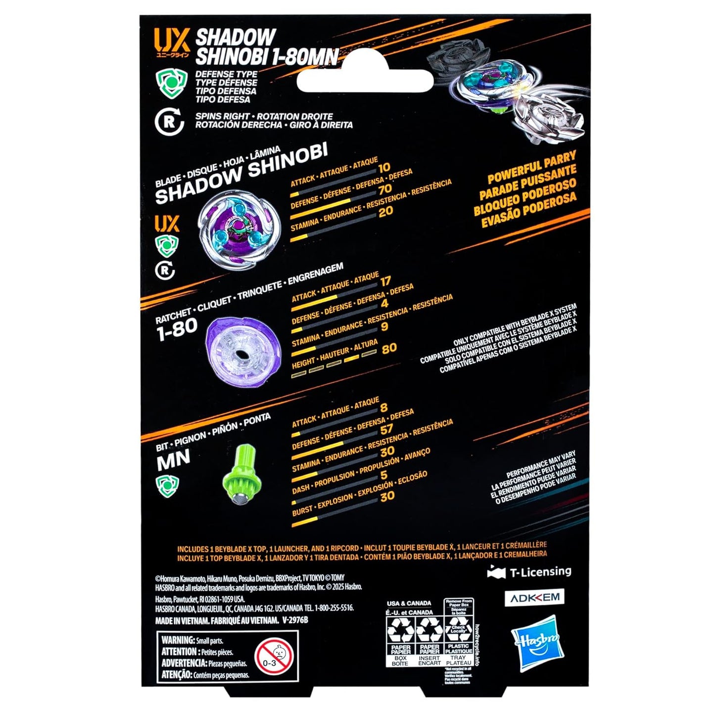 Shadow Shinobi Beyblade X toy package: purple defense-type top, components and two tops battling