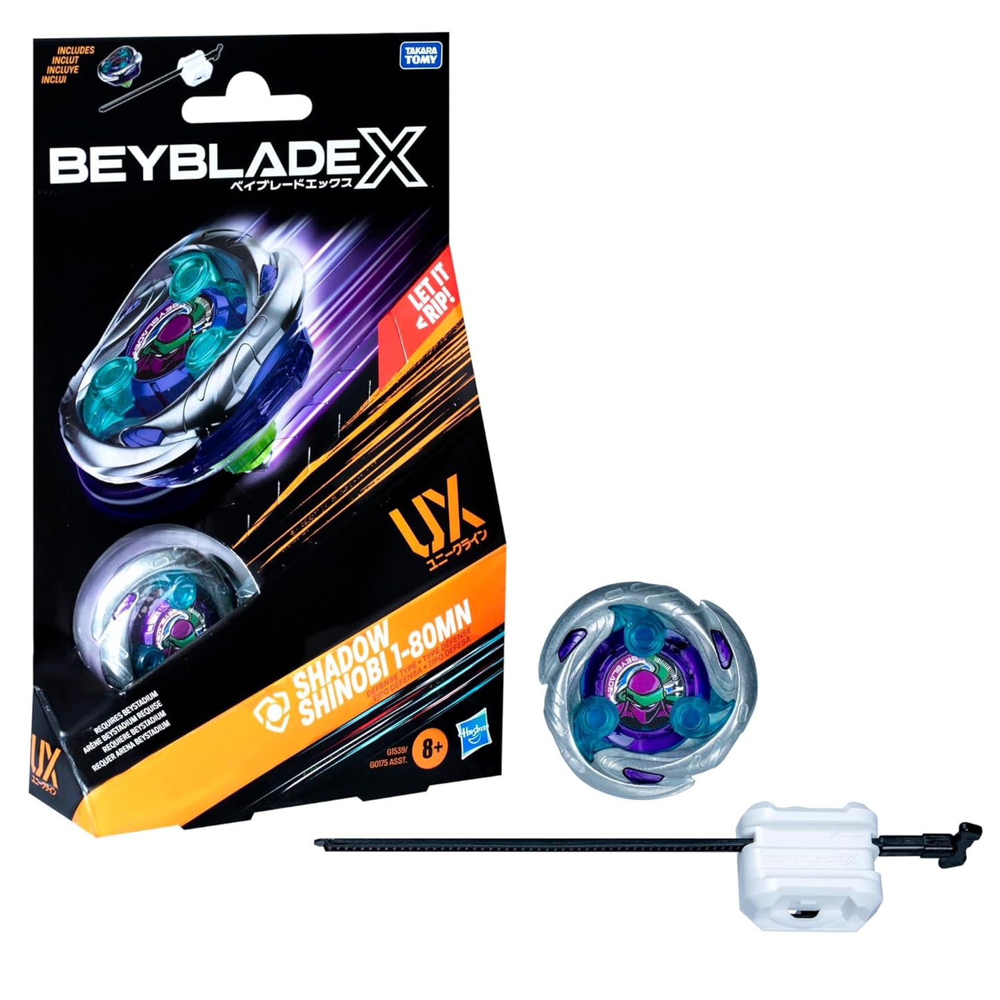 Beyblade X Shadow Shinobi toy set: a silver, purple, blue spinning top, white launcher with ripcord and its black product box