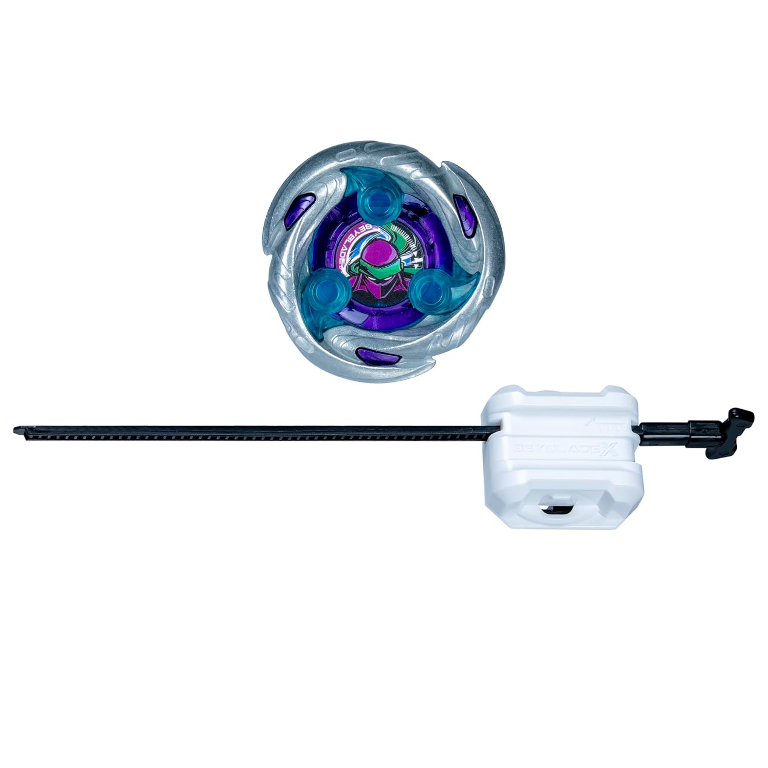 Silver, purple and teal Beyblade X top with its white ripcord launcher