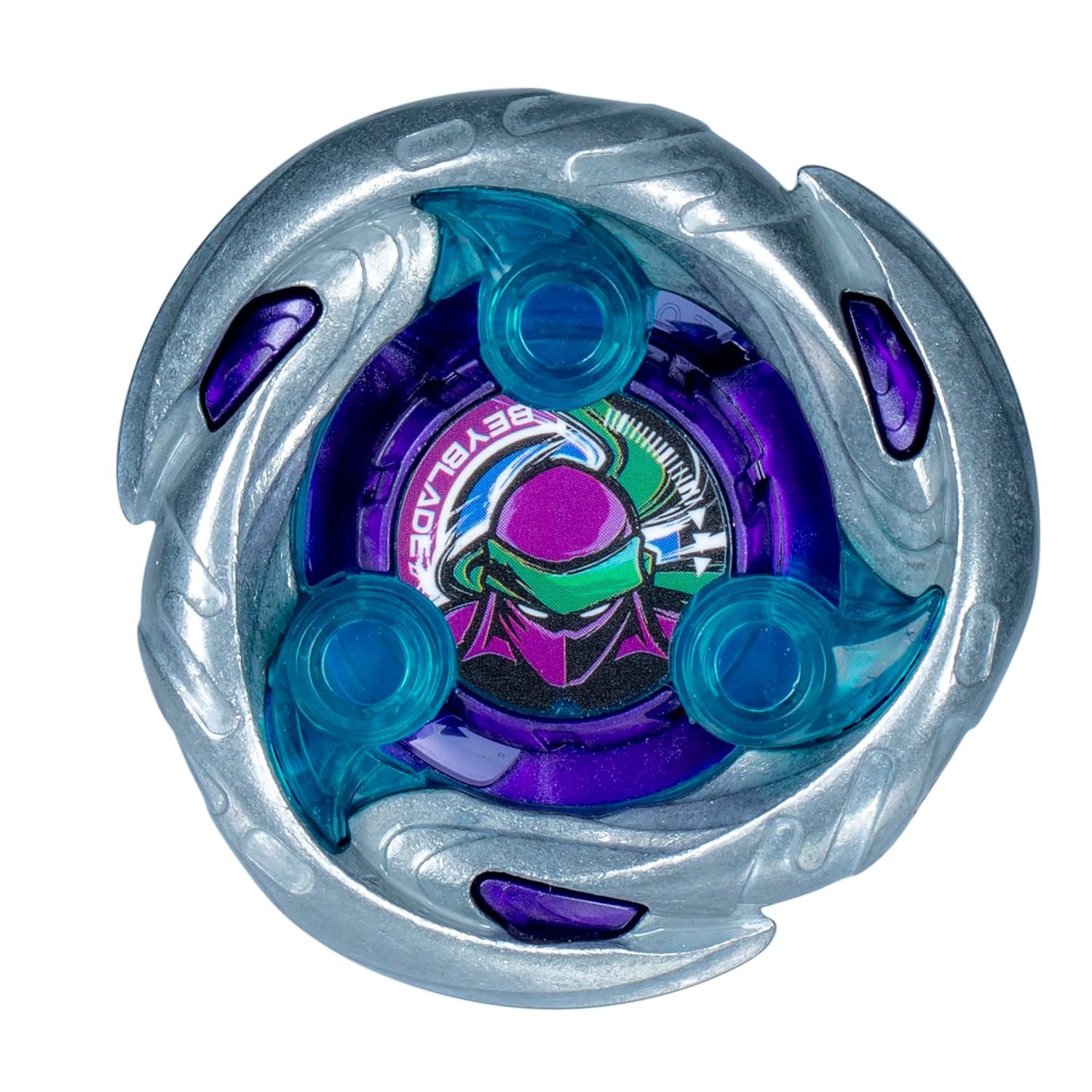 A silver and purple Beyblade spinning top with blue fins and a central sticker of a masked figure