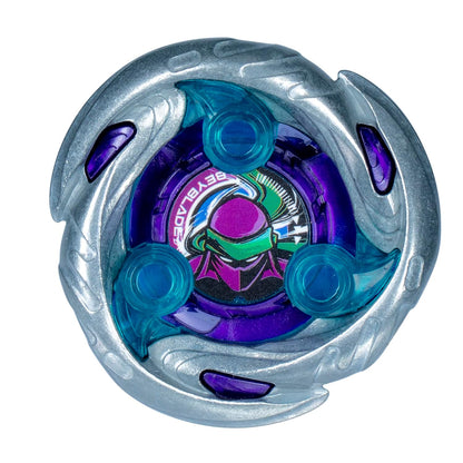A silver and purple Beyblade spinning top with blue fins and a central sticker of a masked figure