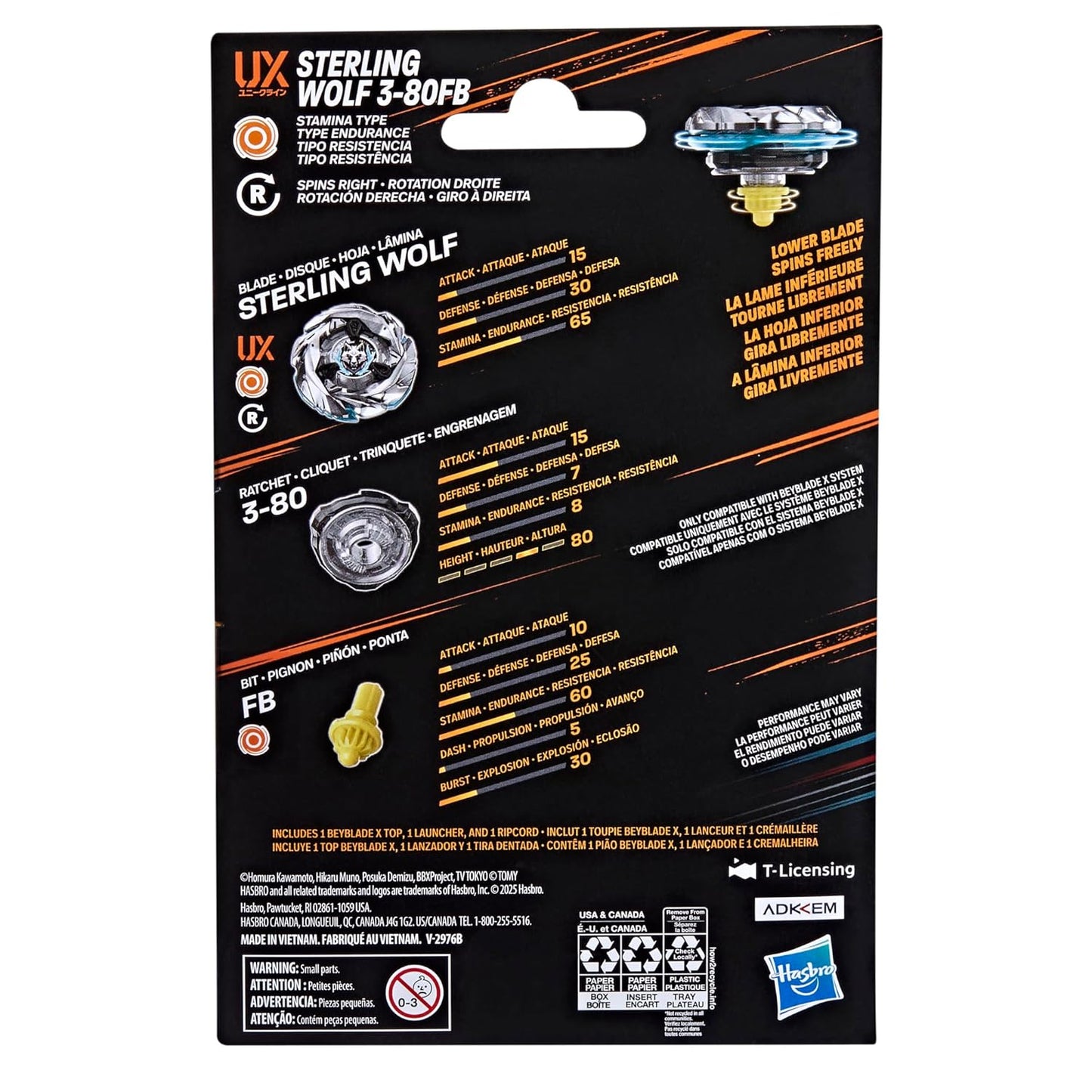 Beyblade Sterling Wolf 3-80FB package back shows spinning toy, its parts and descriptive text
