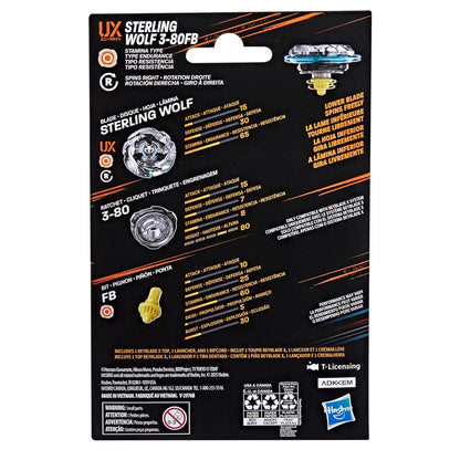 Beyblade Sterling Wolf 3-80FB package back shows spinning toy, its parts and descriptive text