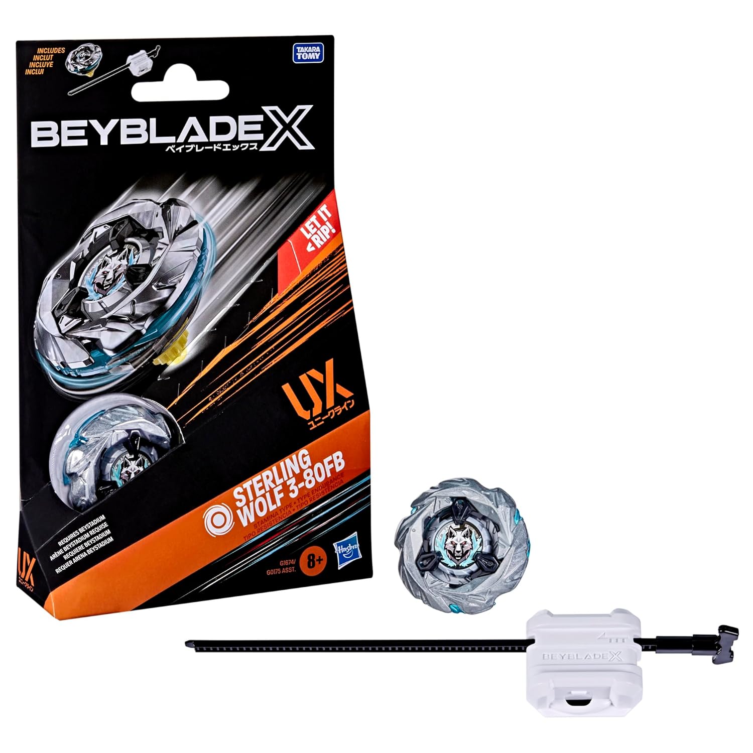 Beyblade X Sterling Wolf 3-80FB toy in packaging, with silver wolf-themed Beyblade and white launcher unboxed