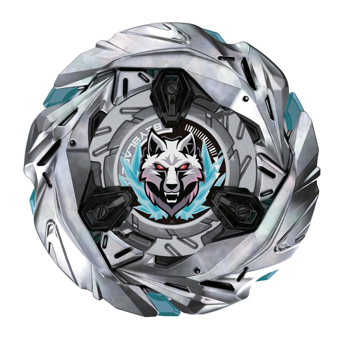 A silver Beyblade spinning top with a fierce white wolf head emblem, red eyes and icy blue accents
