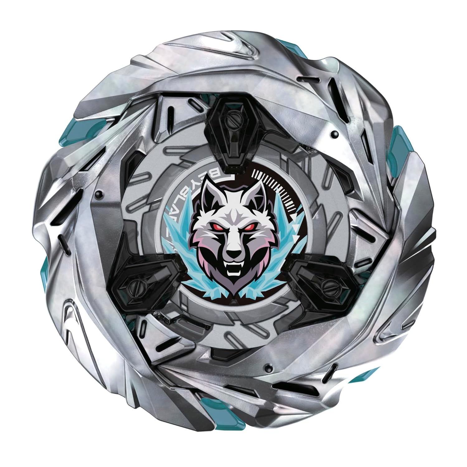 A silver Beyblade spinning top with a fierce white wolf head emblem, red eyes and icy blue accents