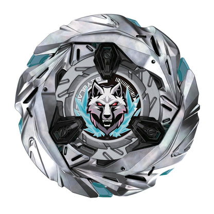 A silver Beyblade spinning top with a fierce white wolf head emblem, red eyes and icy blue accents