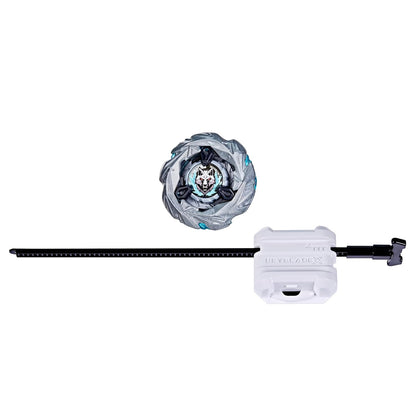Silver Beyblade X spinning top with a wolf head emblem and a white launcher with a black ripcord