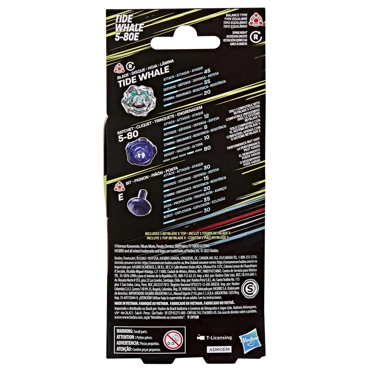 Beyblade X Tide Whale 5-80E toy packaging, displaying its blade, ratchet and bit components with stats