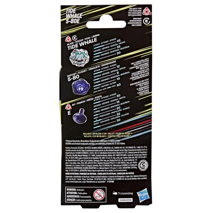 Beyblade X Tide Whale 5-80E toy packaging, displaying its blade, ratchet and bit components with stats