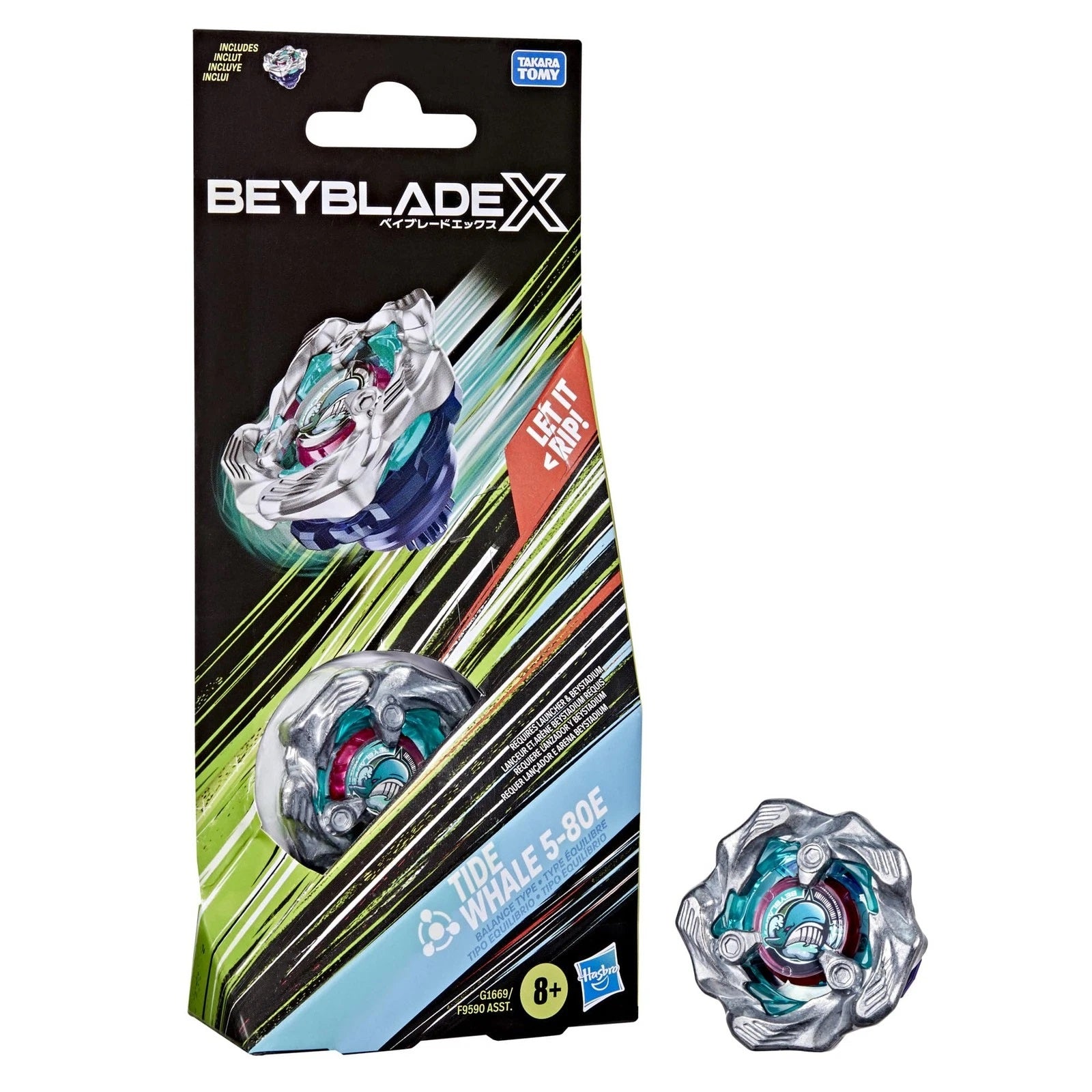A Beyblade X 'Tide Whale' spinning top in its black packaging and an identical loose silver and teal toy next to it