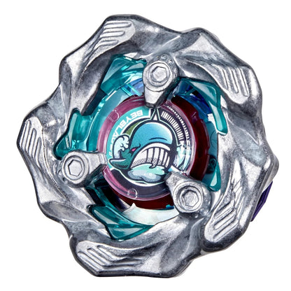 Silver and teal Beyblade toy with a blue whale design at its center