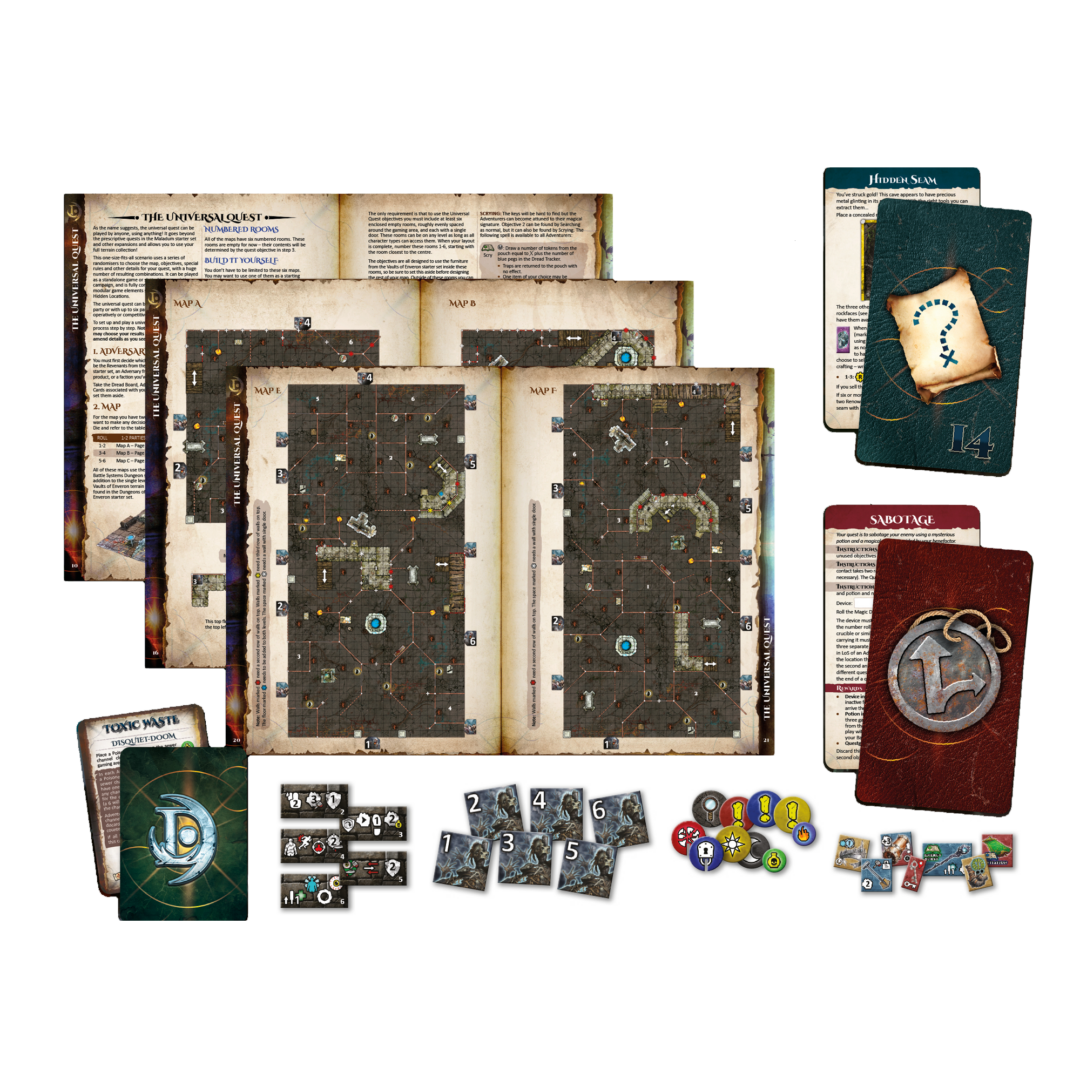 Dungeon-crawler board game components: Open rulebooks showing maps, various game cards, and colorful tokens.