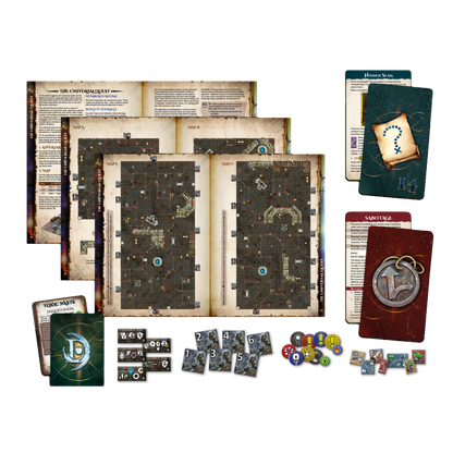Dungeon-crawler board game components: Open rulebooks showing maps, various game cards, and colorful tokens.