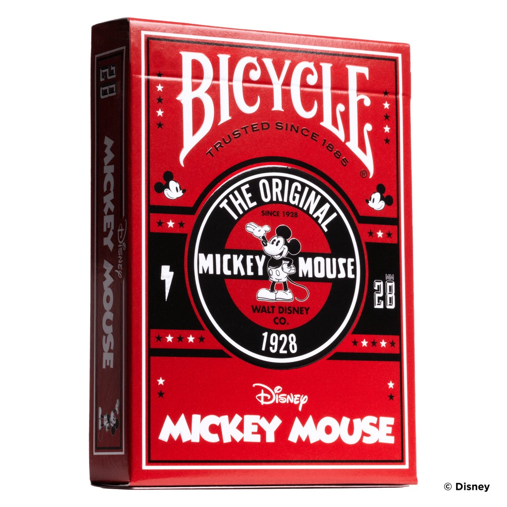 A red Bicycle playing card box featuring classic Mickey Mouse, "The Original" logo, and "1928" text