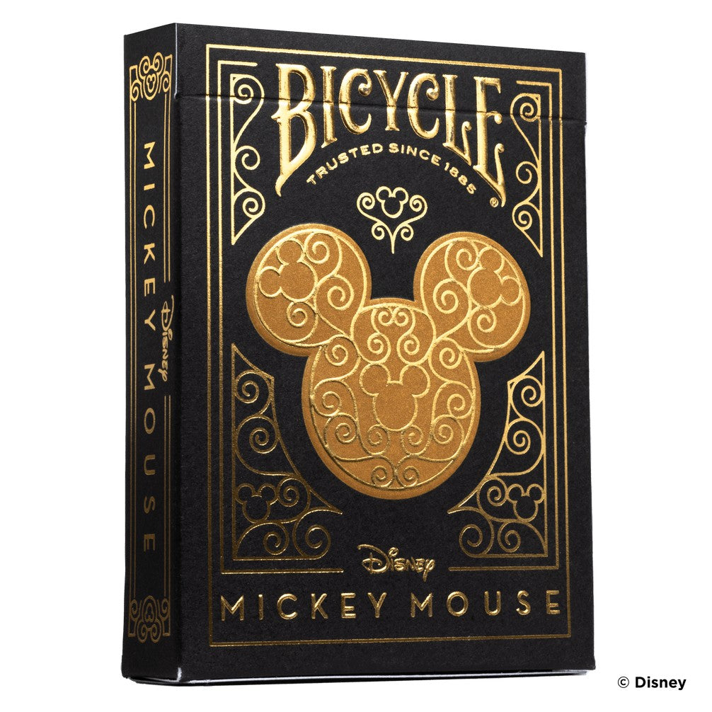 Black and gold Bicycle Disney Mickey Mouse playing card box with an ornate gold Mickey head