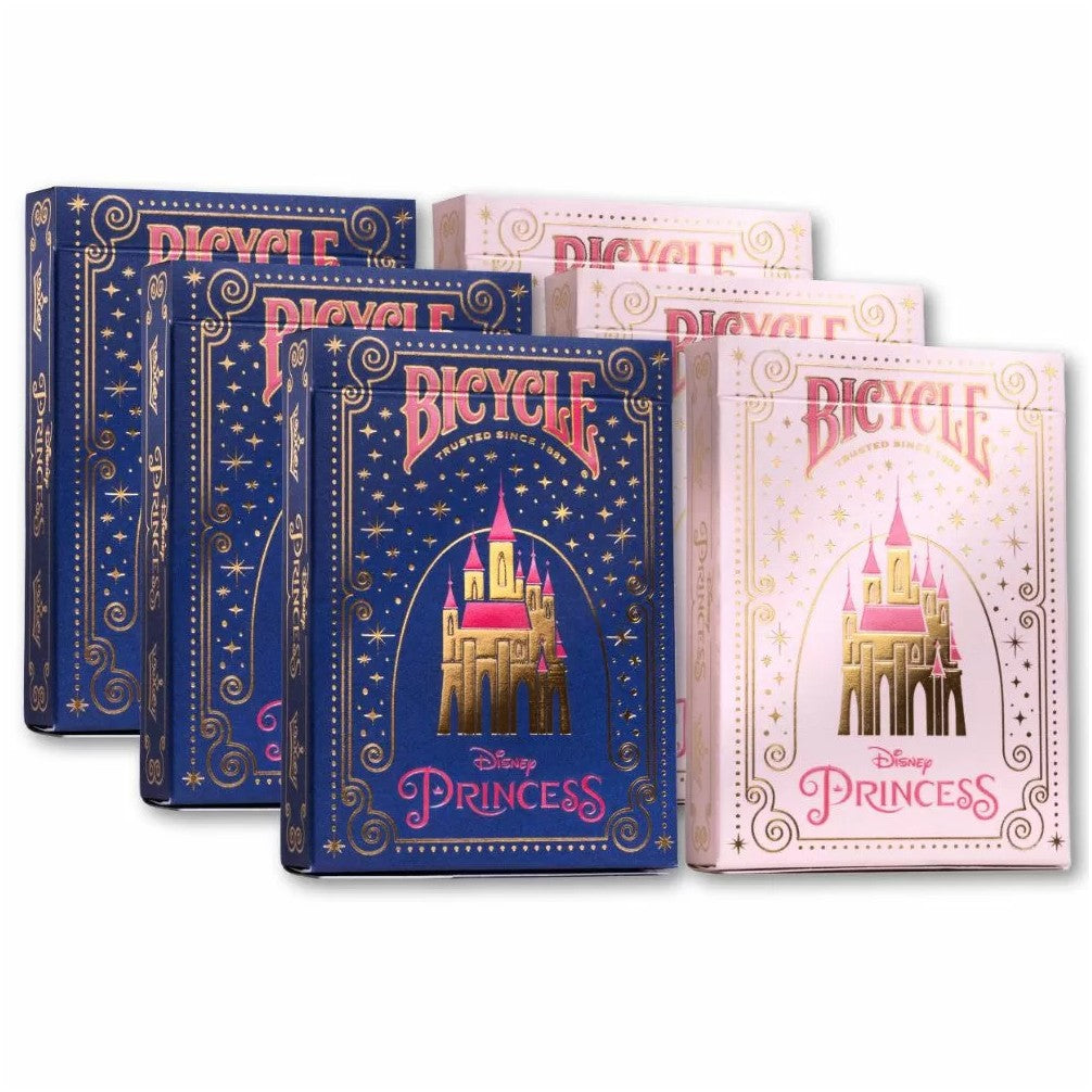 Six Bicycle Disney Princess playing card decks in blue and pink, with golden castles and stars
