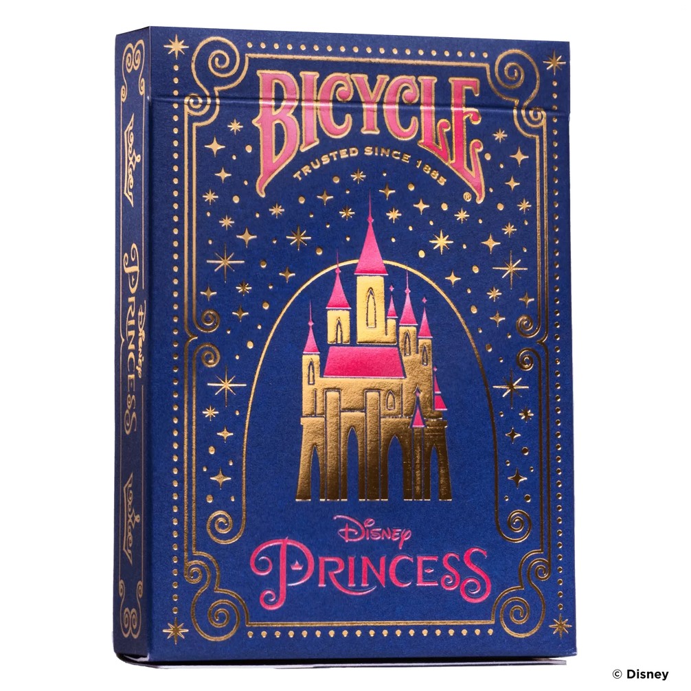 A blue Bicycle Disney Princess playing card box with a gold foil castle, pink roof, and sparkling stars