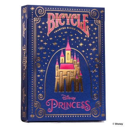 A blue Bicycle Disney Princess playing card box with a gold foil castle, pink roof, and sparkling stars