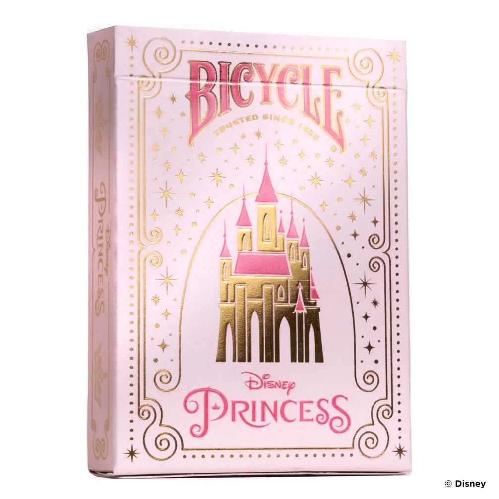 Pink Bicycle Disney Princess playing card box with a gold &amp; pink castle design