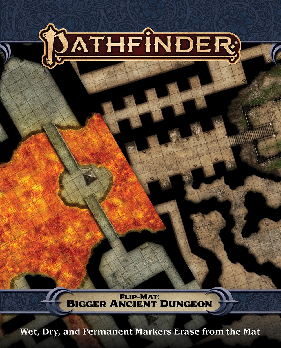 Pathfinder Flip-Mat: Two dungeon maps. One side shows a lava chamber with a bridge, the other a winding stone dungeon.