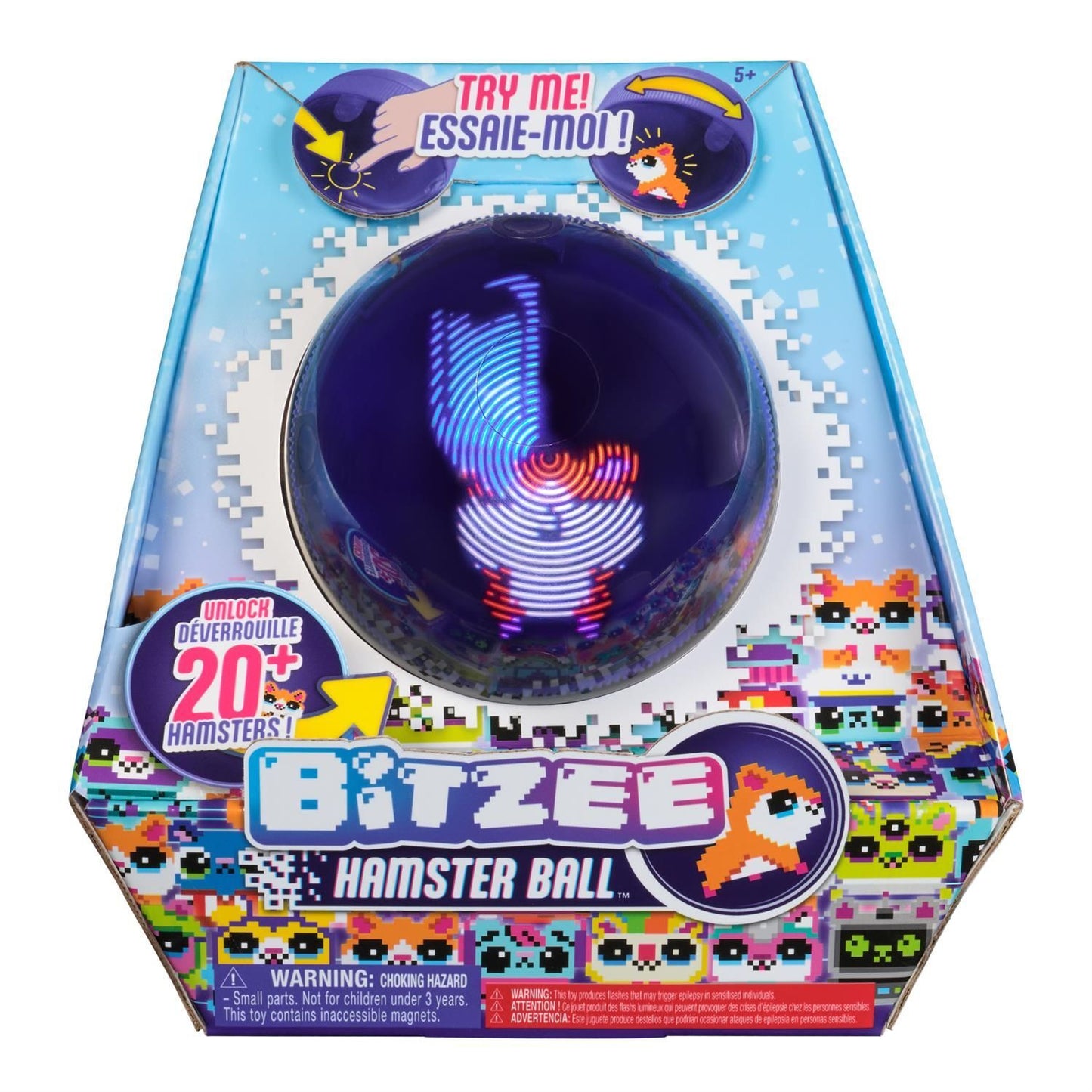 Bitzee Hamster Ball toy in light blue pixel art packaging, a clear purple sphere reveals a spinning pixelated hamster made of glowing blue, white, and red lights