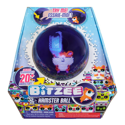 Bitzee Hamster Ball toy in light blue pixel art packaging, a clear purple sphere reveals a spinning pixelated hamster made of glowing blue, white, and red lights