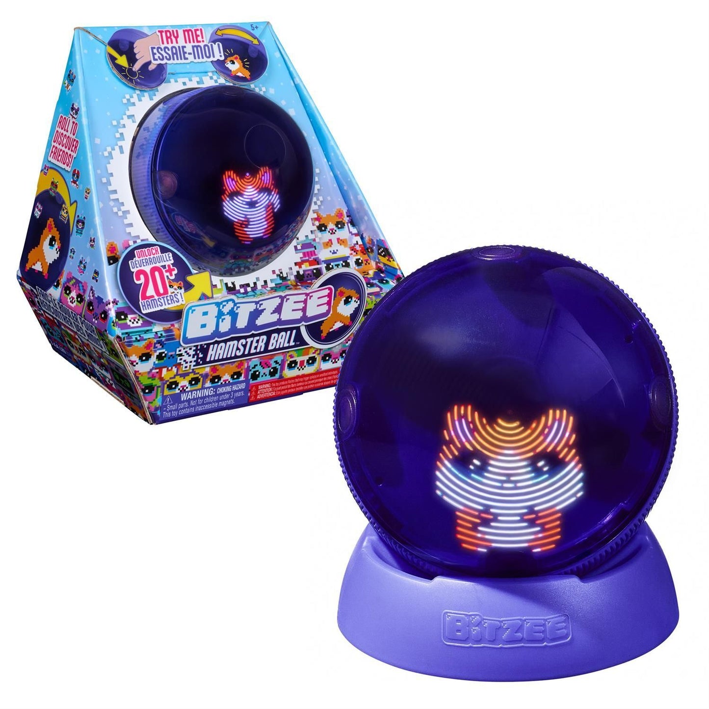 Bitzee Hamster Ball toy, a dark purple sphere with a glowing orange, white, and blue pixelated hamster face, on a purple base, next to its light blue packaging